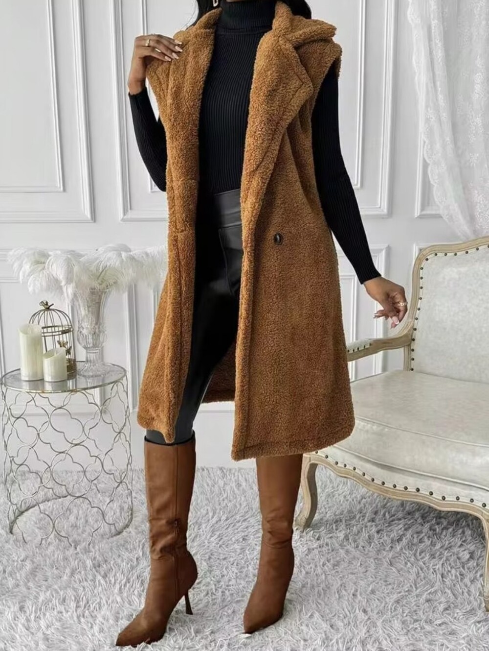Faux Shearling Sleeveless Coat Vest - Brown